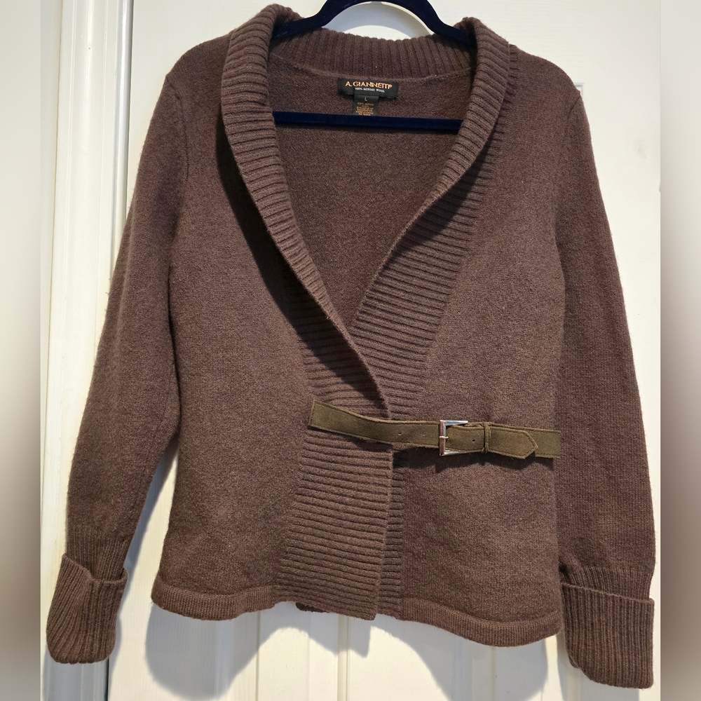 Women's A. Giannetti Brown Fairycore Wool Buckle Sweater Size Large 100% Merino